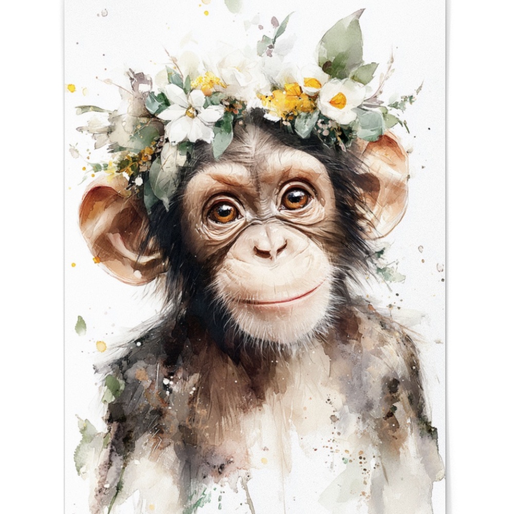 Watercolor Floral Monkey Portrait Wall Art Print Unframed - Playful Jungle Charm - Picture 2 of 6
